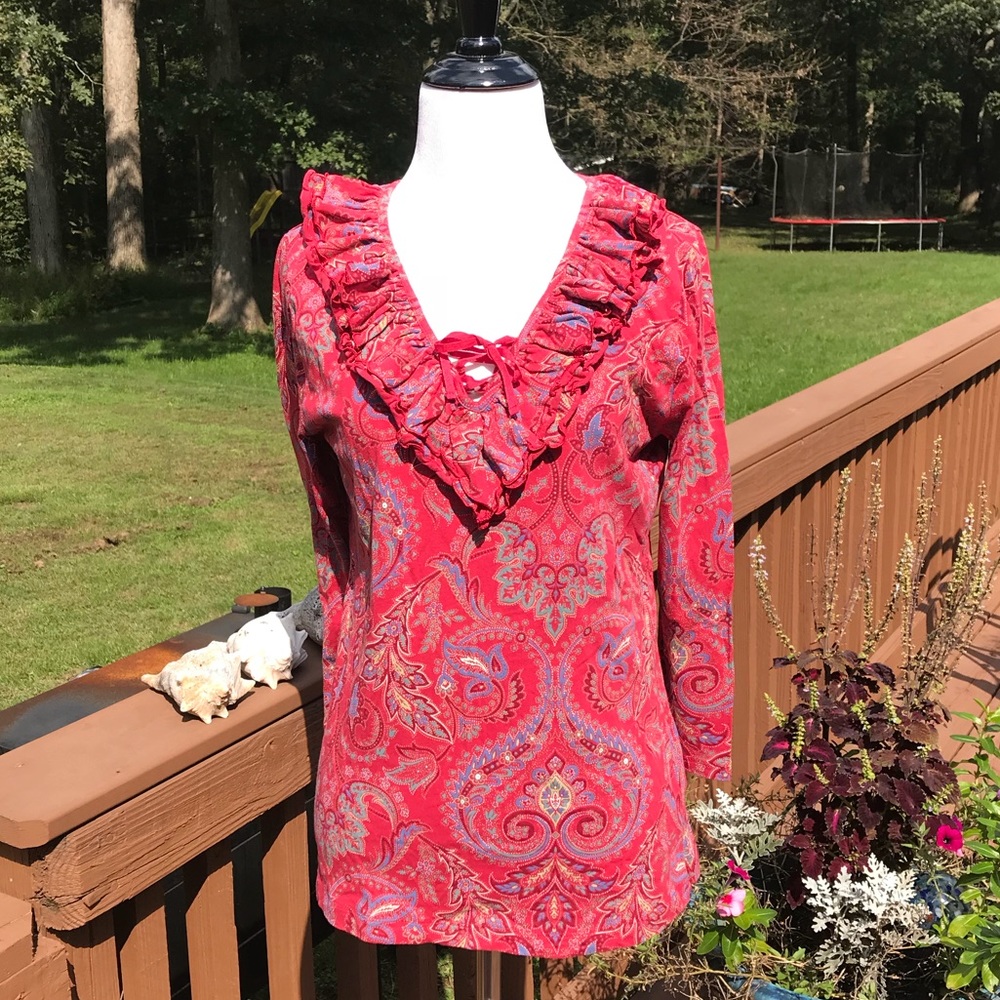 LRL Ralph Lauren Green Label Paisley Lace-up Top